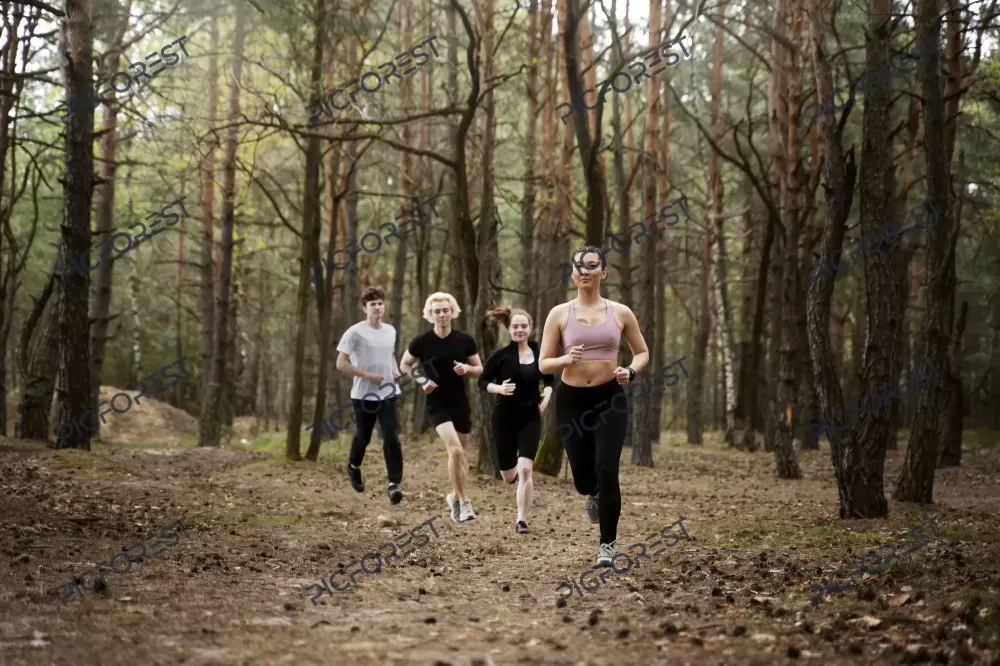 دانلود عکس افراد در حال دویدن در یک جنگل