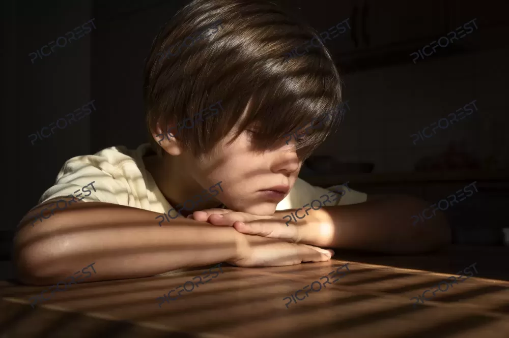 دانلود عکس پسر بچه غمگین که داخل یک اتاق نشسته